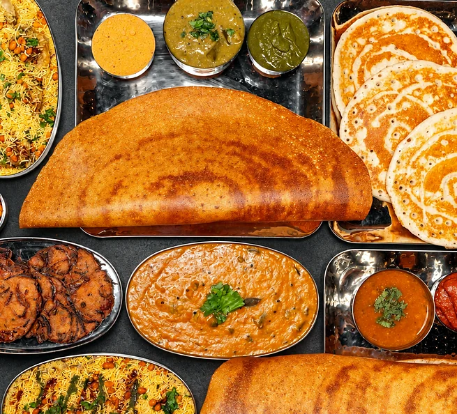 Dosas, idli, vada and chaat on steel plates