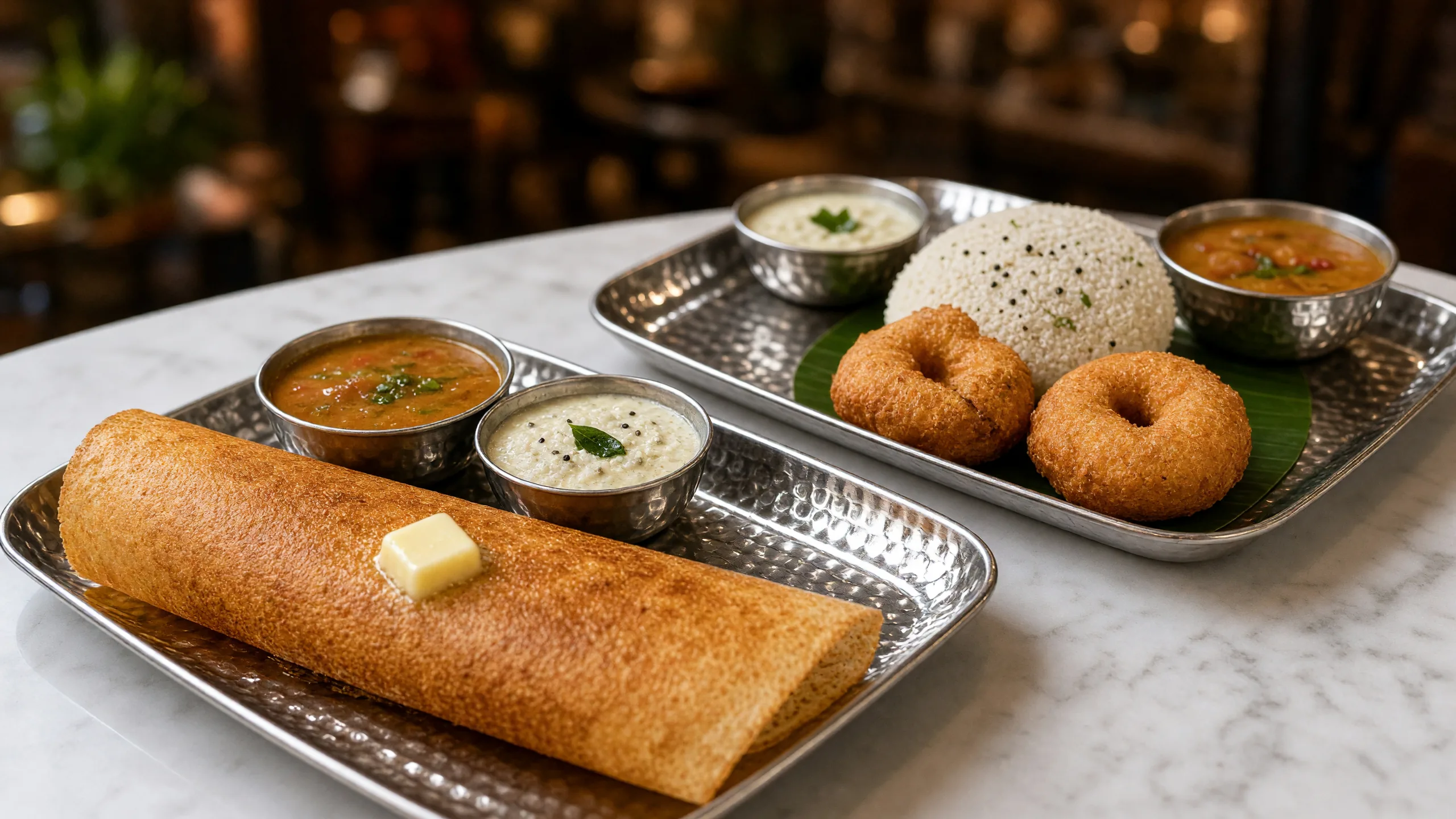 Butter masala dosa, idli and vada with chutney and sambar on steel trays